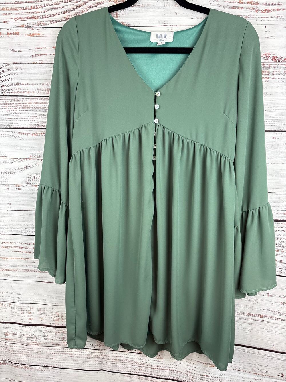 Womens Peach Love Sage Green Bell Sleeve Flowy Mini Dress Empire Waist Boho Sz S